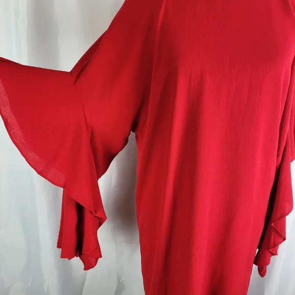 H&M Red Crepe Flounce Sleeve Keyhole Back High Neck Tunic Shift Dress Size 6 - Picture 5 of 16